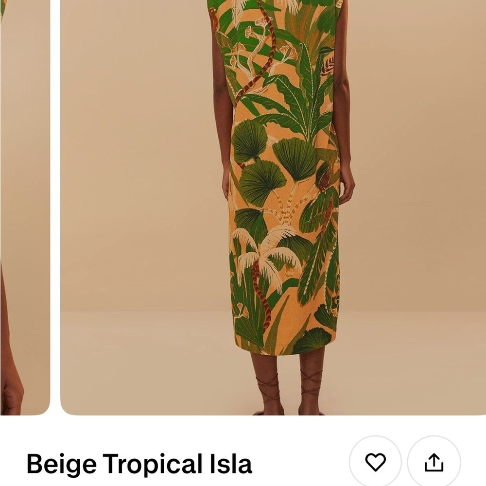 160$ Farm Rio Tropical Isla Padded Shoulders Midi Dress Size L Beige Green - Picture 9 of 12